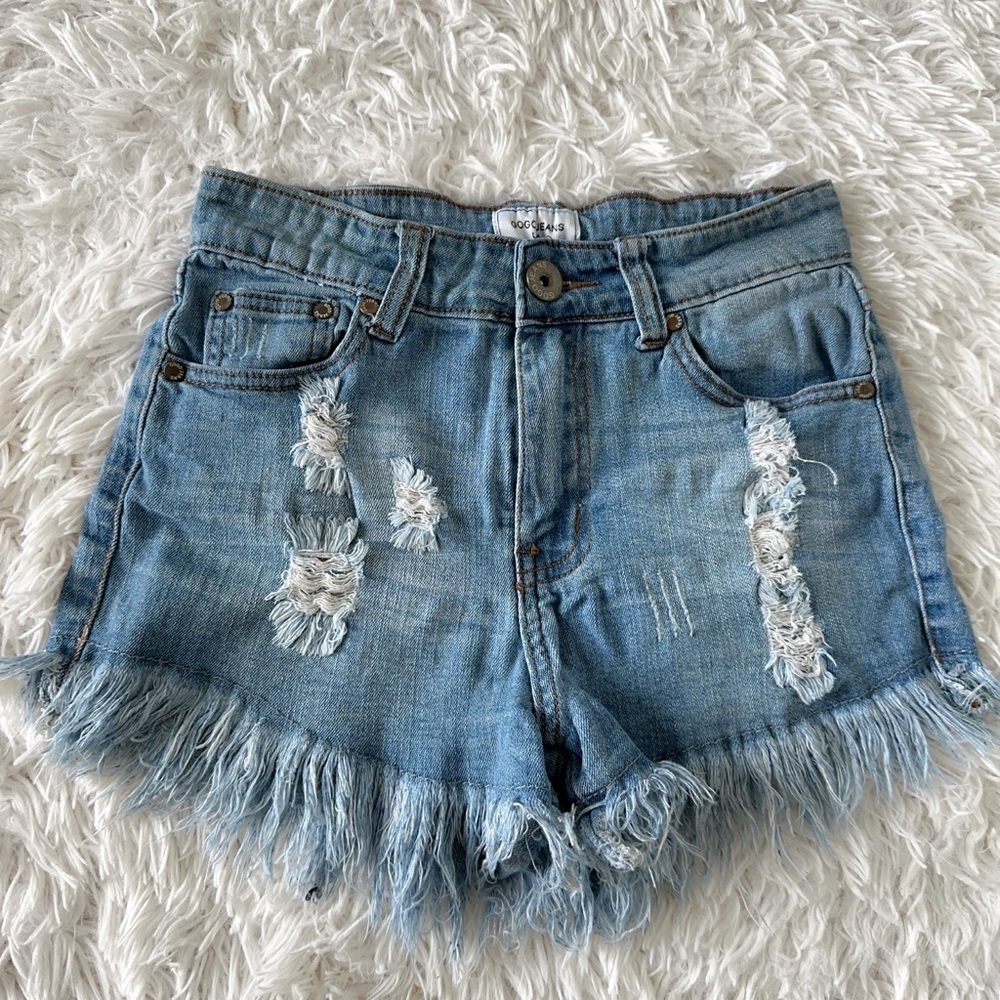 Blue Skorts with Distressed Frayed Hem